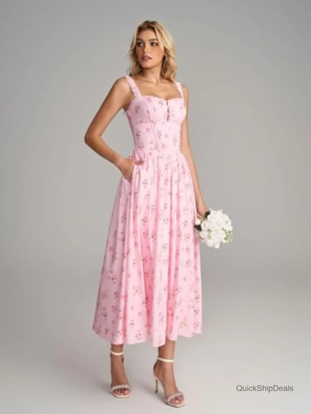 Women's Lace Corset Midi Dress Flowy Smocked A-Line with Pockets - Picture 5 of 7
